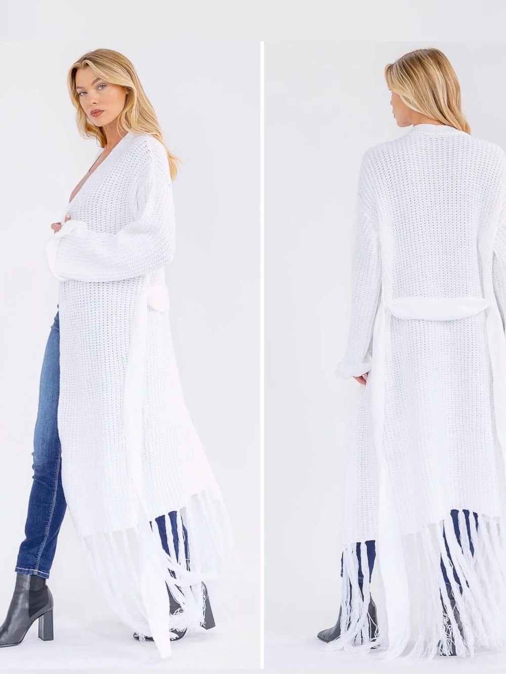 HERA COLLECTION WHITE CHUNKY KNIT FRINGE DUSTER CARDIGAN BELTED OPEN FRONT SZ M